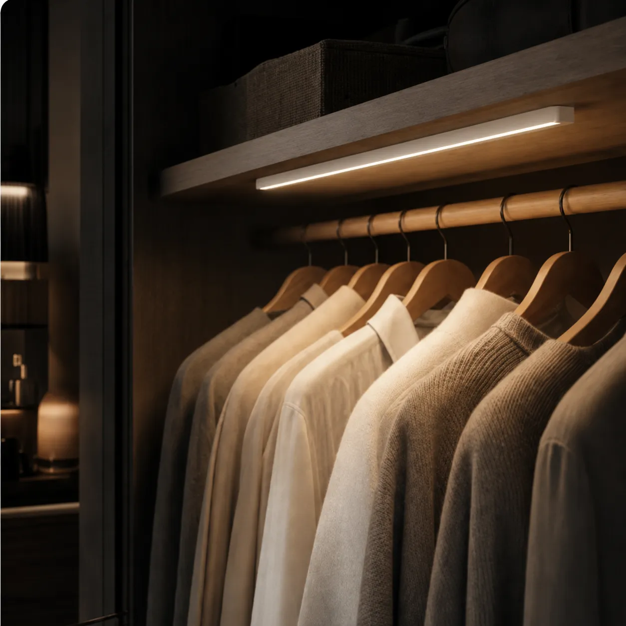 White LumaRail bar switching on automatically above a closet rail in the dark